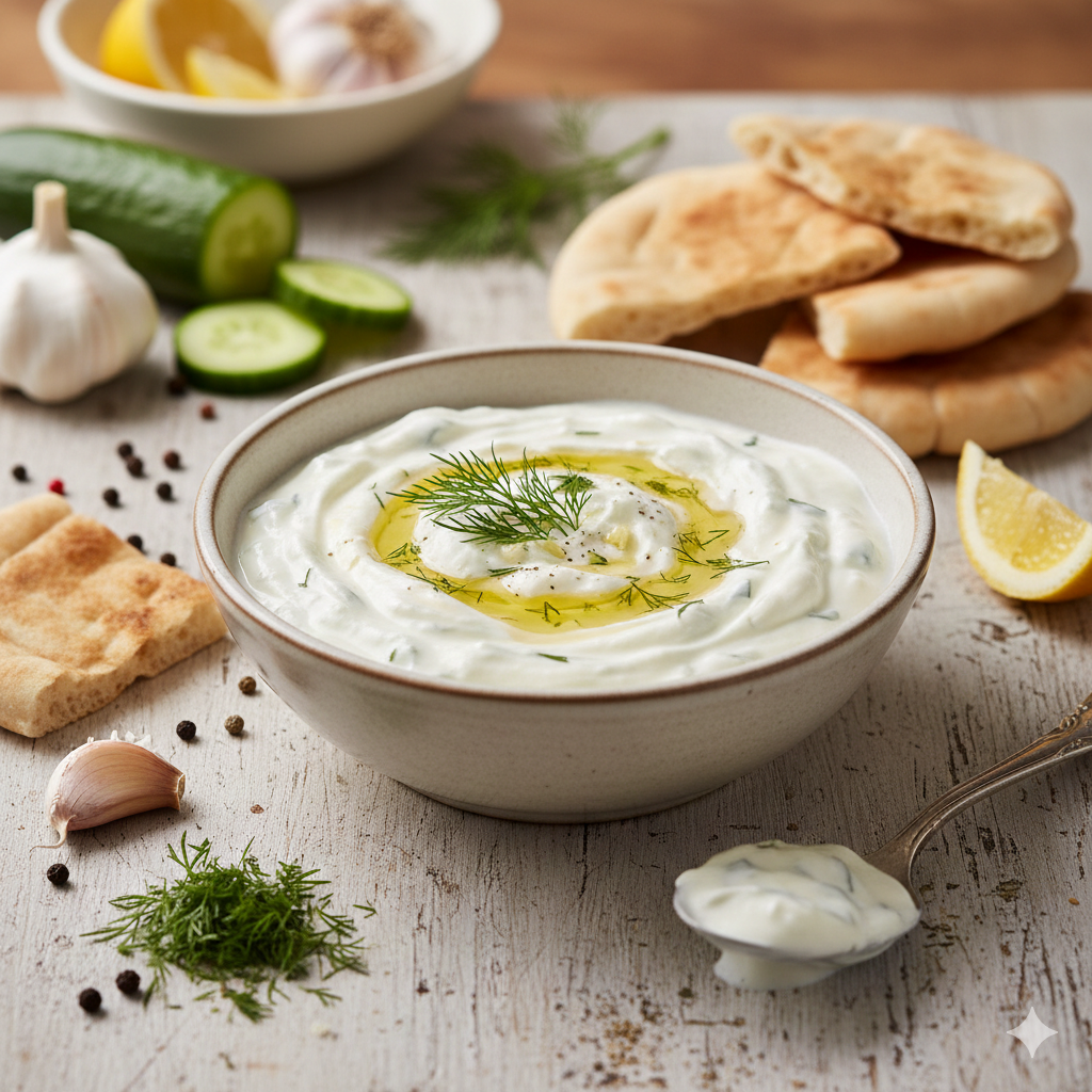 ヨーグルトが導く地中海の味、ギリシャのザジキソースの魅力 きゅうりの緑が透ける真っ白なソースが、肉料理やパンに添えられた爽やかな風景