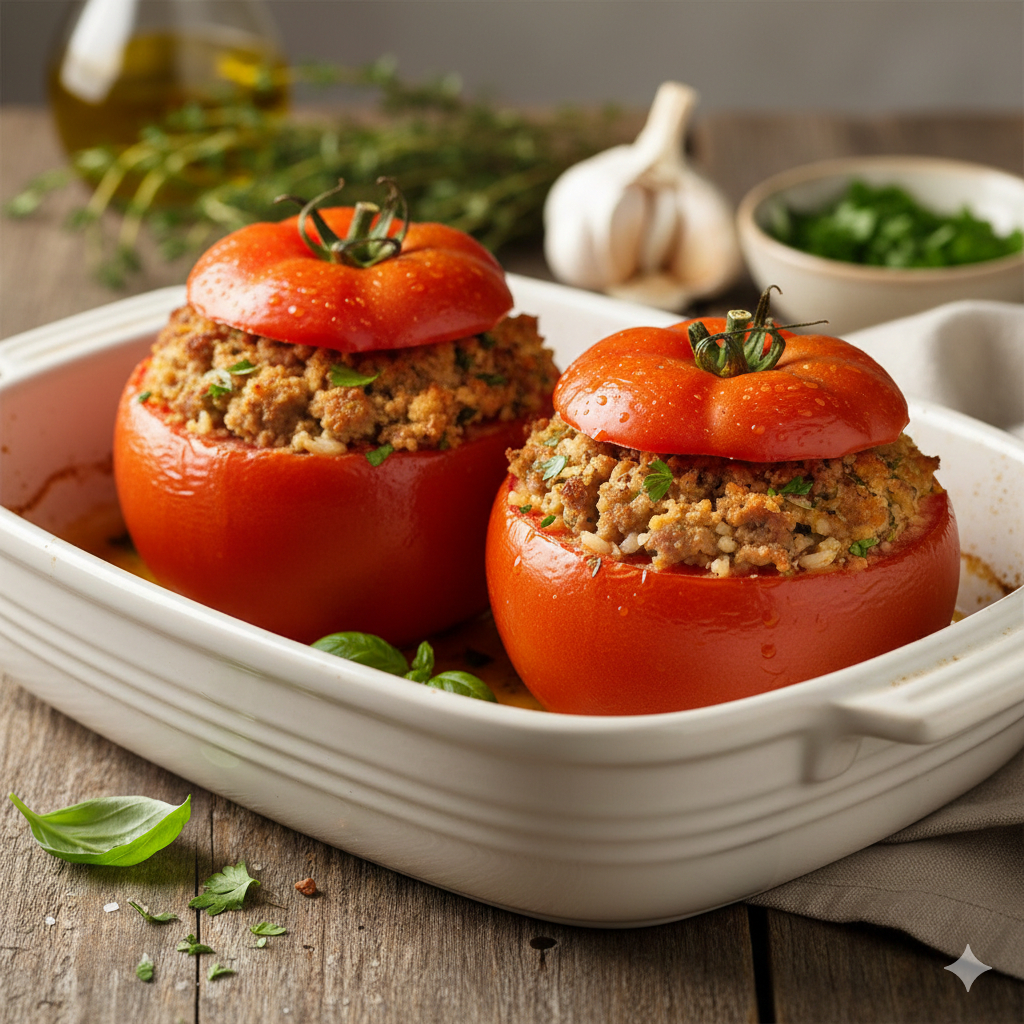 フランス料理のトマトのファルシー：美味しさの詩 トマトの中にひき肉を詰めて焼き上げた、見た目も可愛らしく上品な家庭料理の図