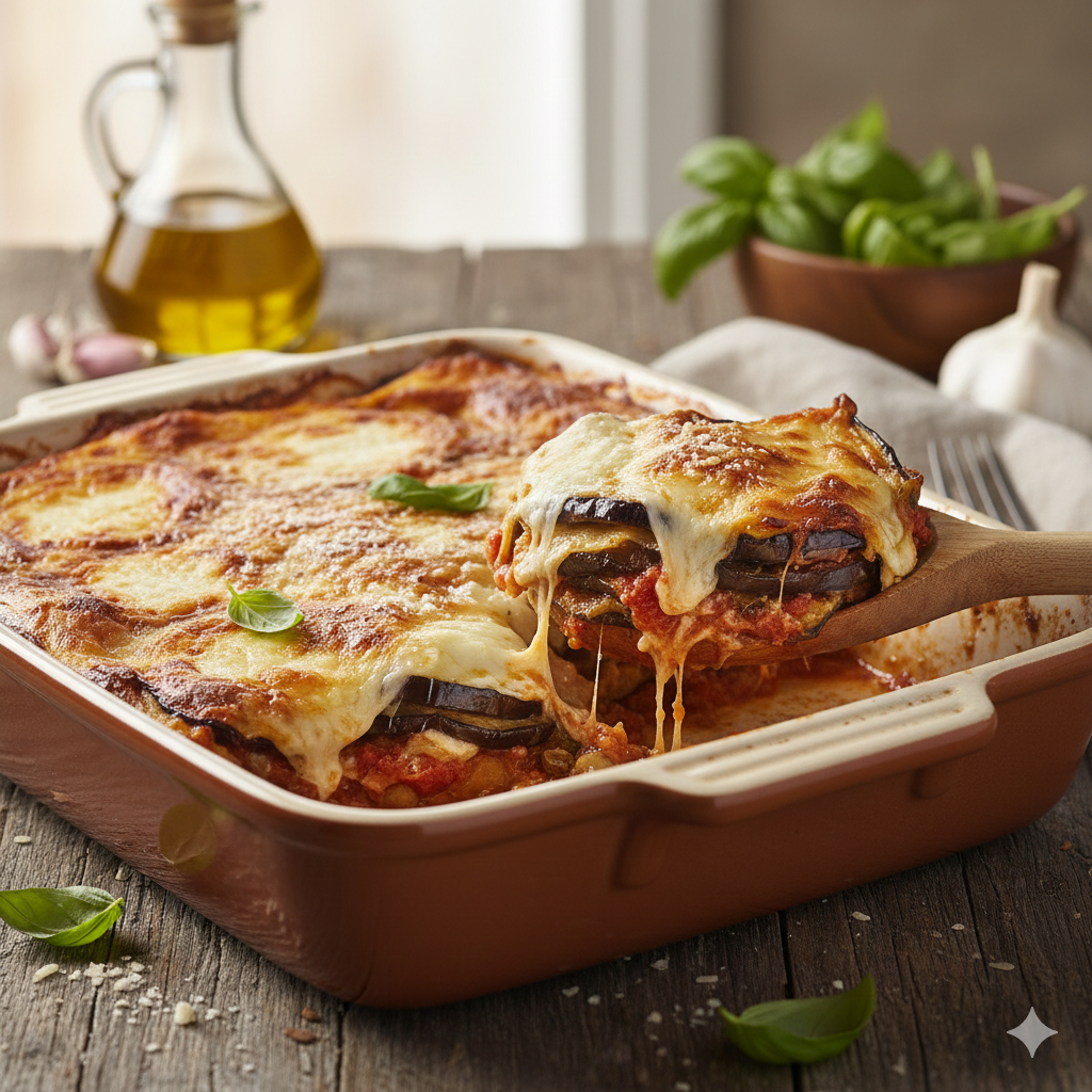 イタリアの風薫るナス料理、家庭で楽しむパルミジャーナ 揚げナスとチーズ、トマトソースが重なり合い、香ばしく焼き上がった絶品の一皿