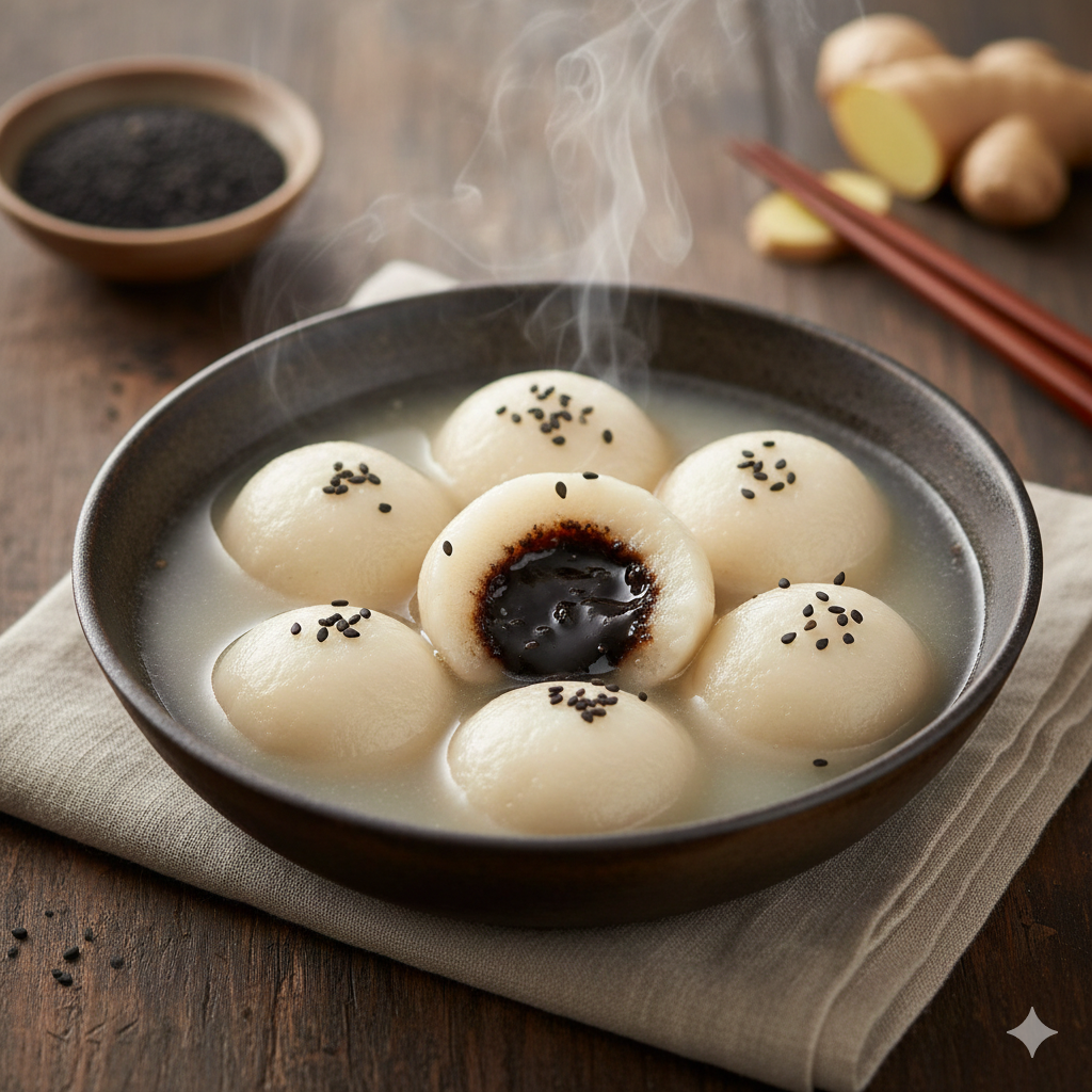 黒ごま香る幸せスイーツ「タンユエン」：心も体も温まる お椀の中で白いお餅が浮かび、中から濃厚な黒ごまペーストが溢れ出す中国の冬の味