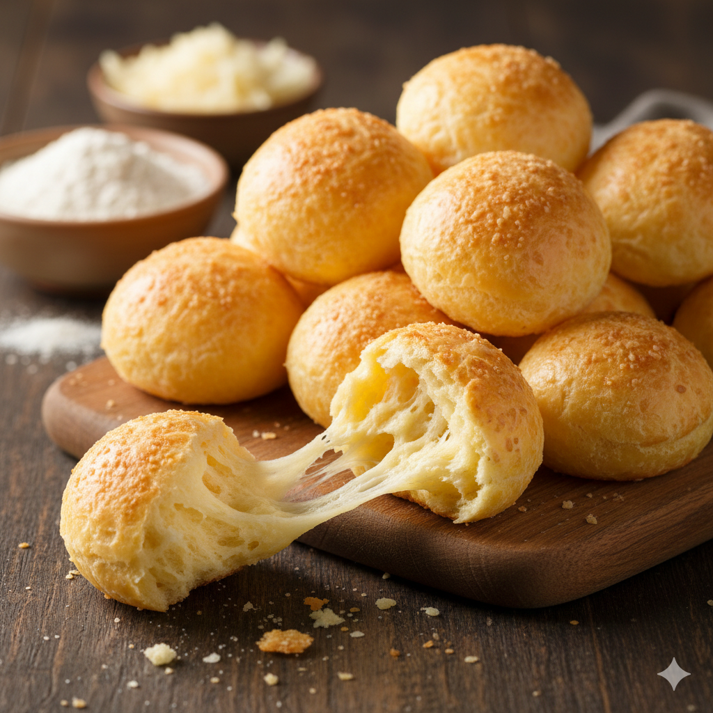 ブラジルの味ポンデケージョ：タピオカとチーズが織りなす魔法 コロコロとした一口サイズの丸いパンが、カゴに山盛りになったもちもちのイメージ