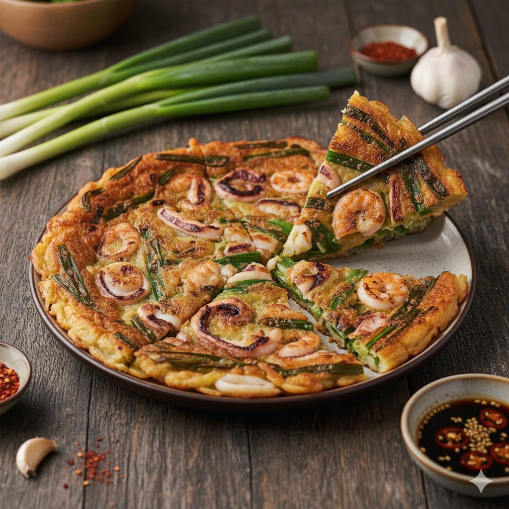 韓国屋台気分を自宅で！簡単おいしいパジョンの作り方 たっぷりのネギと海鮮がカリッと焼かれた、食欲をそそる韓国風お好み焼きの風景