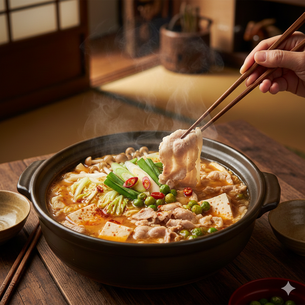 【山椒鍋レシピ】味噌のコクとピリピリ辛さがクセになる冬の鍋 土鍋から上がる湯気の中に、山椒の粒と肉野菜が踊る、刺激的で温まる鍋料理
