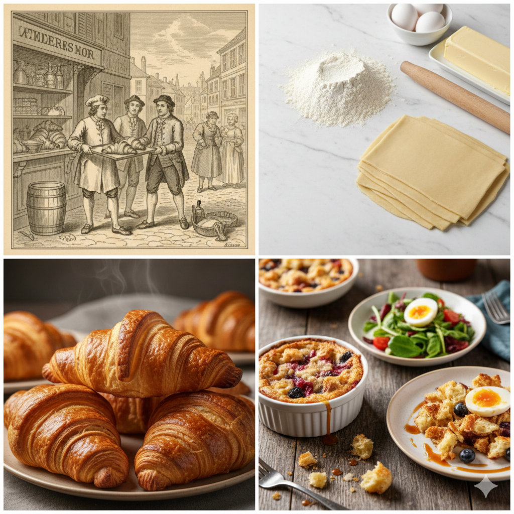 クロワッサンの歴史と本格レシピ♪余った材料で作れるアレンジ 何層にも重なった黄金色の断面が美しい、サクサクのクロワッサンが並ぶベーカリー