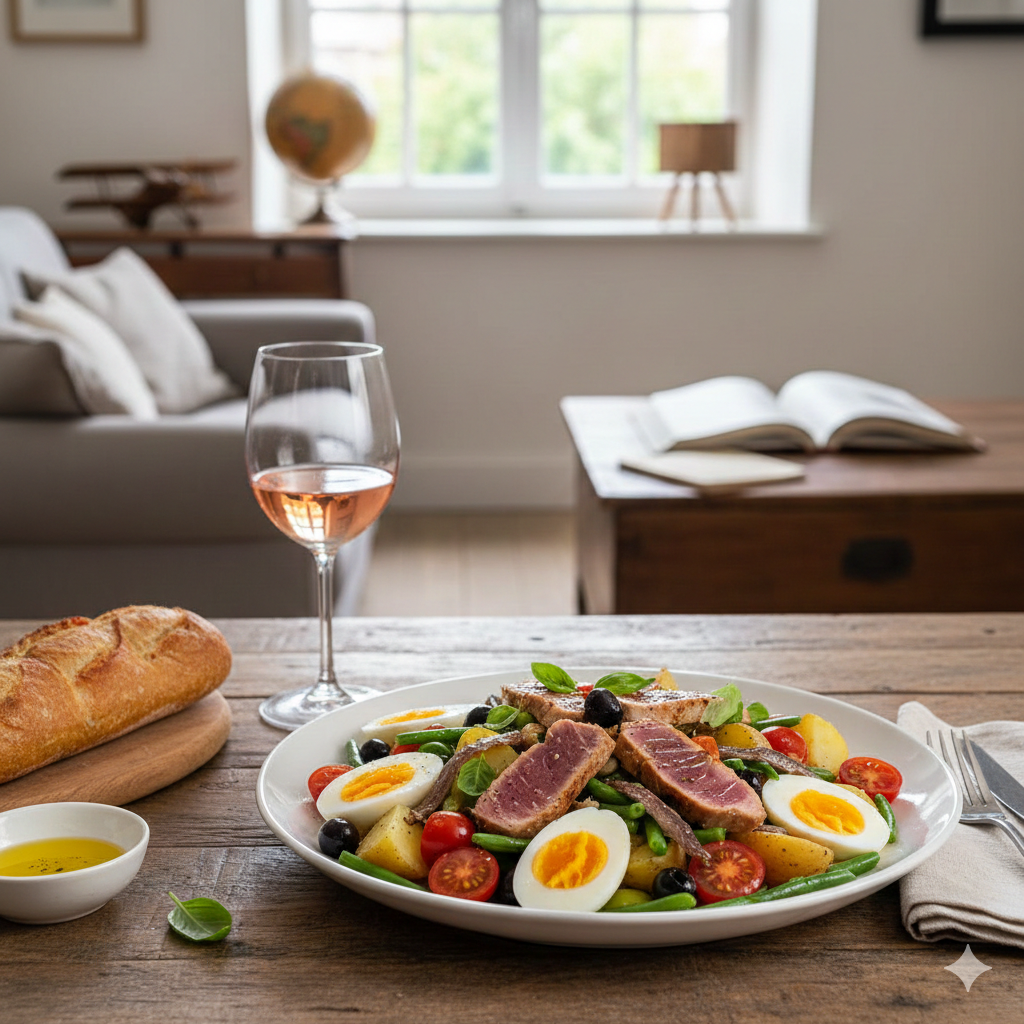 自宅で簡単！フランスのサラダニソワーズを楽しむ方法 ツナ、ゆで卵、オリーブが色鮮やかに盛り付けられた、コート・ダジュールの明るいサラダ