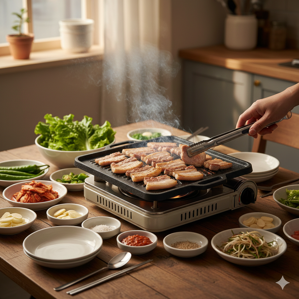 美味しい韓国料理サムギョプサルの作り方 – 自宅で本格的な味 厚切りの豚バラ肉を鉄板で焼き、サンチュで包んで食べる楽しさが伝わるイメージ