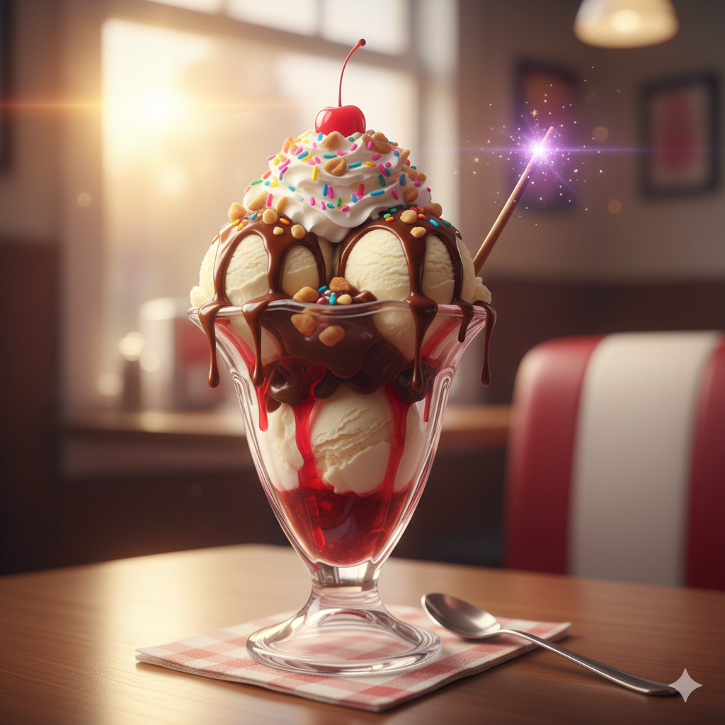 ひとさじの幸せ、アメリカンアイスクリームサンデーの魔法 背の高いグラスにアイスとホイップ、チョコソースとチェリーが乗った夢のようなデザート