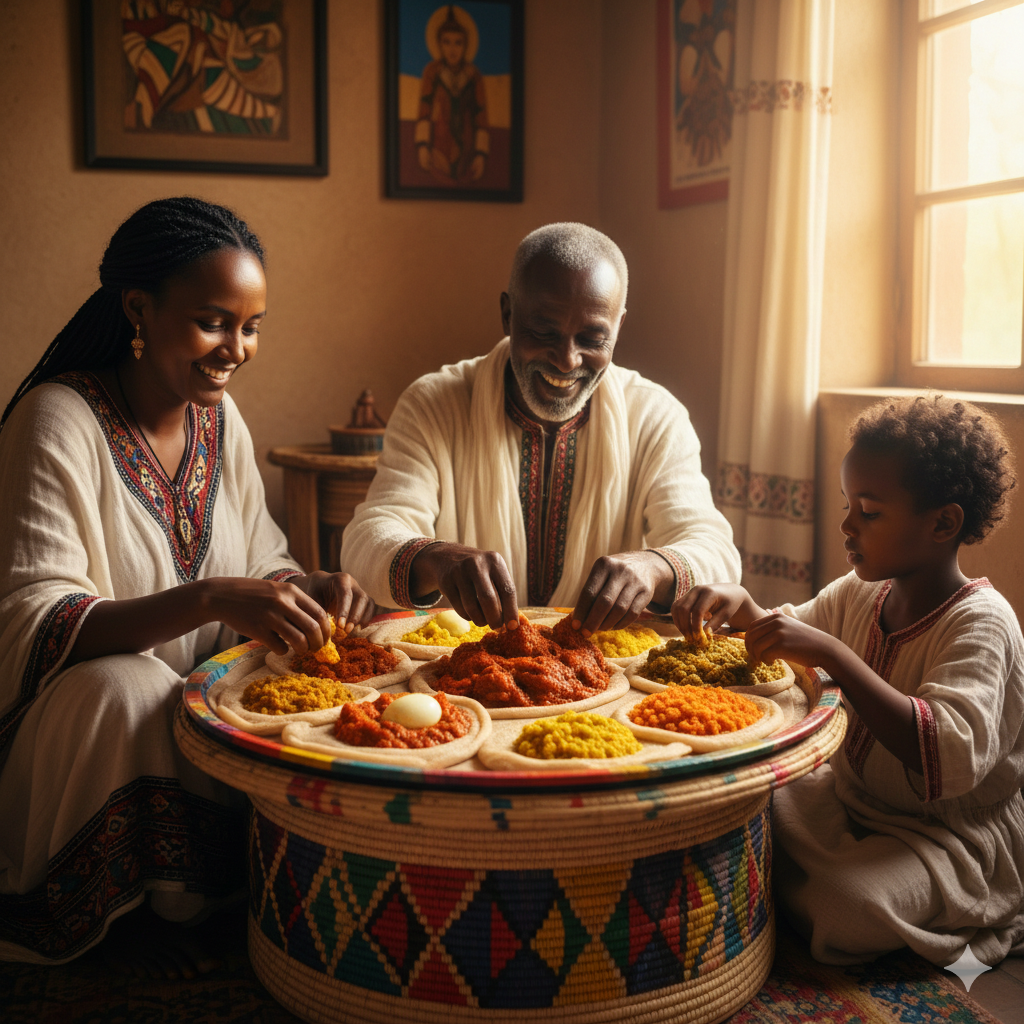 エチオピアの真心料理｜インジェラを囲む幸せの食卓 クレープのような生地の上に、数種類の煮込み料理がパレットのように並ぶ伝統的な風景