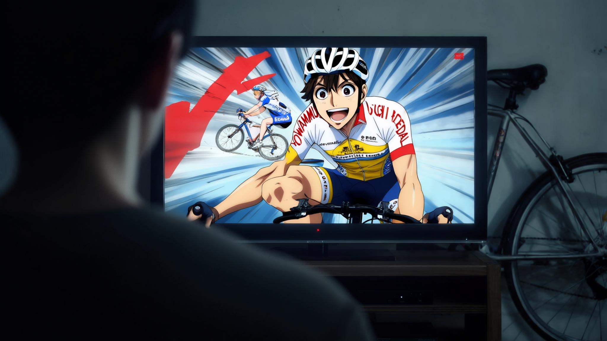 『弱虫ペダル』の主人公、小野田坂道が自転車を漕ぎながら笑顔で歌うシーンのイラスト。