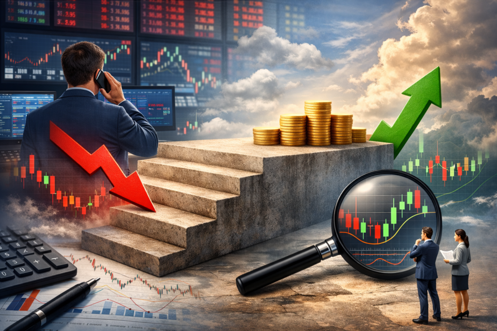 株価チャートで横ばいになった踊り場の状態を示す、サポートラインとレジスタンスラインが明確な相場グラフ